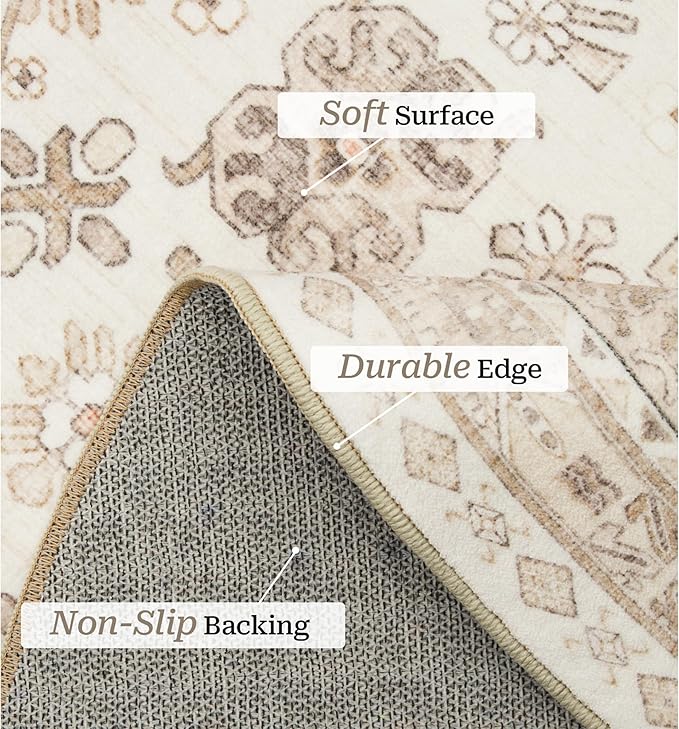 zesthome 8ft Round Rugs for Living Room, Non-Slip Washable Round Area Rugs, Ultra-Thin Large Circle Rugs, Soft Low Pile Rug for Bedroom, Kitchen - Vintage Stain Resistant Round Rug (Cream/Beige,8'x8')
