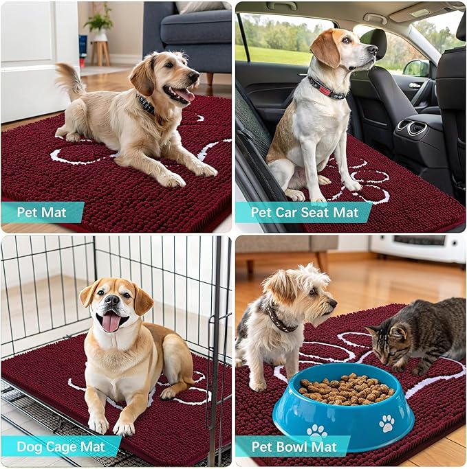 OLANLY Door Mat for Muddy Dog Paws 48x30, Ultra Absorbent Chenille Mud Doormat with Paw Print Design, Non-Slip Washable Doormat for Indoor Entryway, Quick-Dry Pet Bed Mats for Dirty Dogs, Burgundy
