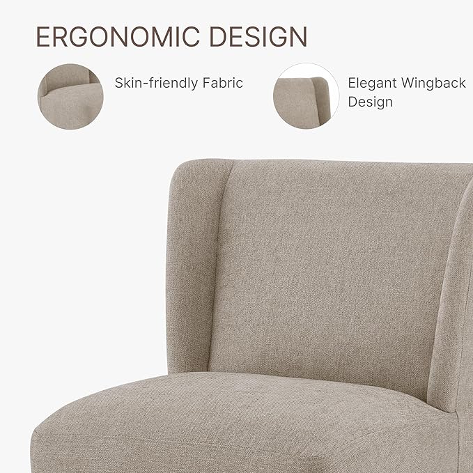 Upholstered Dining Chair with Casters Wingback Modern Side Armless Deskchair with Rollers for Diningroom Bedroom Livingroom Reading Room,Khaki,2 Box