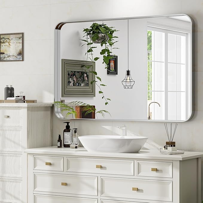 Silver Bathroom Mirror for Wall, 40x30 Inch Rectangular Aluminum Alloy Framed Mirror, Modern Wall Mounted Vanity Mirror for Bathroom, Vertical or Horizontal