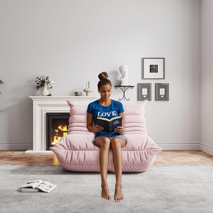 Bean Bag Chairs for Adults, BeanBag Reading Chair Memory Foam Couch, Floor Chair Soft Teddy Material, Comfy Reading Nook Chairs for Bedroom Living Room Office (Pink)