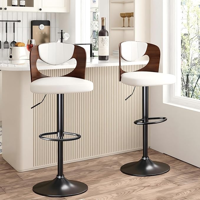 VECELO Bar Stools Set of 2,Kitchen Island Stools with Bentwood Back,Arm&Footrest,Counter Height Stools PU Leather Adjustable Height,Swivel Bar Chairs for Club Pub Dining Room, Ivory White
