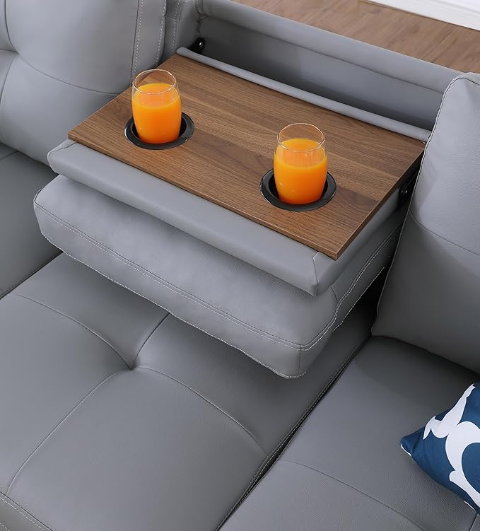 Ball & Cast 98" L Shaped Sectional Couch for Living Room with Storage Ottoman&Nailhead Trim,4 Seat Faux Leather Upholstered Modular Sectional Sofa Set 3 PCS W/Chaise&Cup Holders,for Home,Office,Gray