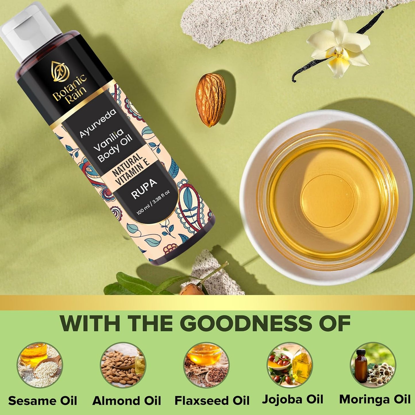 Ayurveda Vanilla Body Oil, Organic, Nourishing, & Hydrating Moisturiser for Dry, Flaky Crepey Skin - Fast Absorbing, Non-Greasy, Ayurvedic for Women & Men – 3.38 fl oz (2)