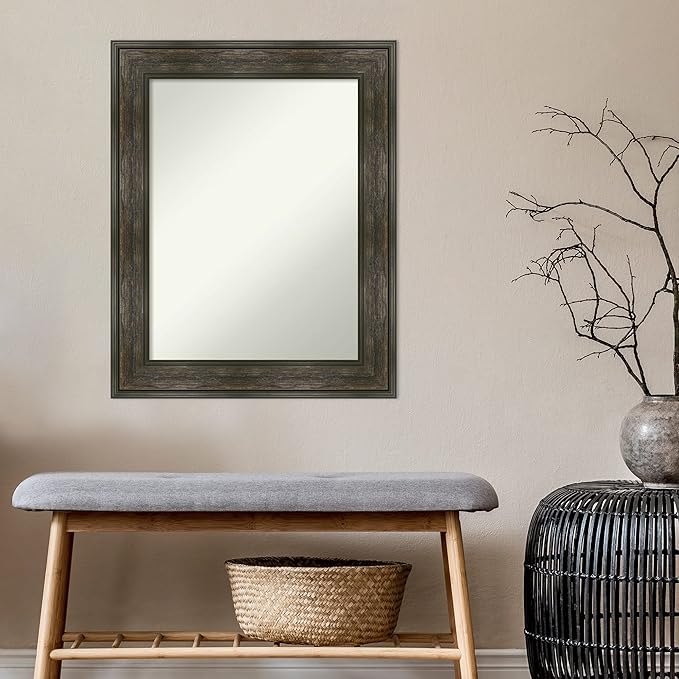Amanti Art Grey Bathroom Mirror for Over Sink, 28x22 Pinstripe Plank Grey Narrow Rectangle Vanity Mirror, Medium Country Rustic Frame, Hangs Horizonally and Vertically, Bathroom Wall Decor
