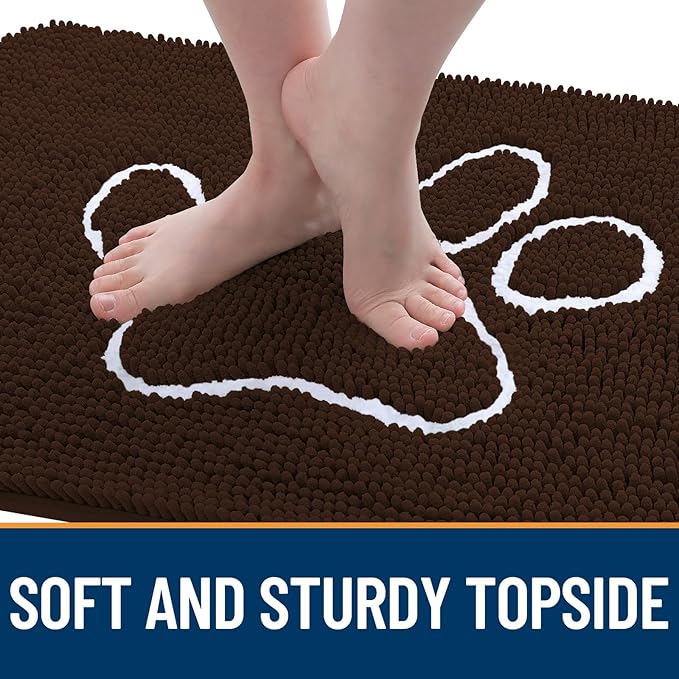 OLANLY Door Mat for Muddy Dog Paws 47x24, Ultra Absorbent Chenille Mud Doormat with Paw Print Design, Non-Slip Washable Doormat for Indoor Entryway, Quick-Dry Pet Bed Mats for Dirty Dogs, Brown