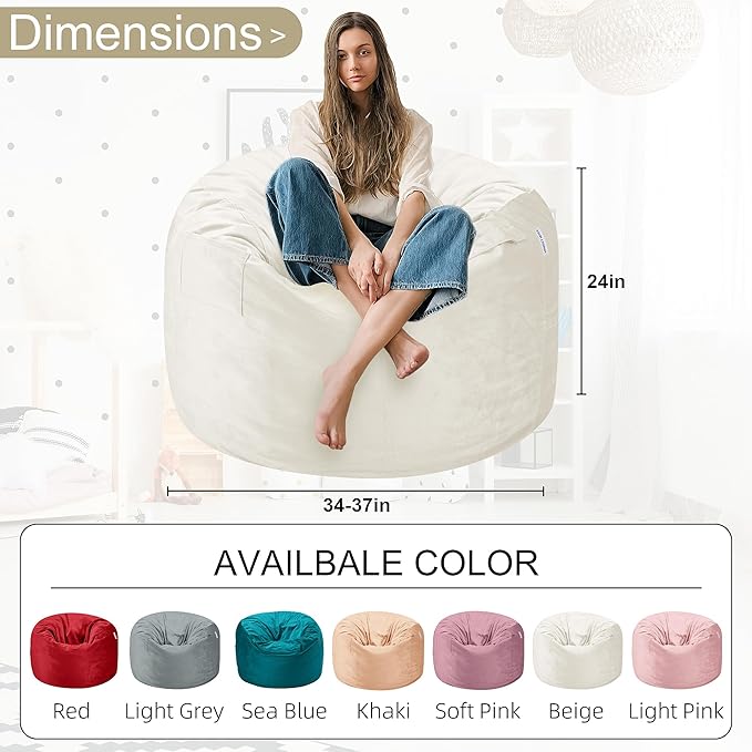 HABUTWAY Bean Bag Chair 3Ft Luxurious Velvet Ultra Soft Fur with High Rebound Memory Foam Bean Bag Chairs for Adults Plush Lazy Sofa with Fluffy Sponge 3' (Beige)