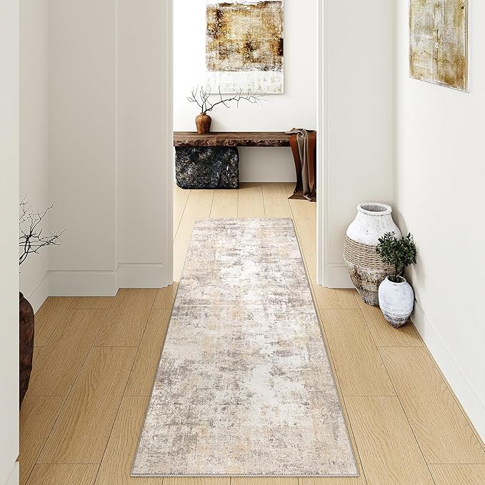 2x8 Washable Runner Rug Beige Grey Neutral Abstract Hallway Kitchen Living Room Bedroom Non Slip Throw Rug Soft Low Pile Indoor Carpet for Entrance Laundry Bathroom
