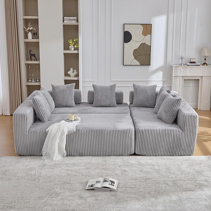 Eafurn DIY Combination Compression Modular Sectional Sofa with Double Chaise Lounge, 146" Oversized U Shaped Boneless Couch with Deep Seat Convertible Sleeper Sofabed w/Throw Pillows