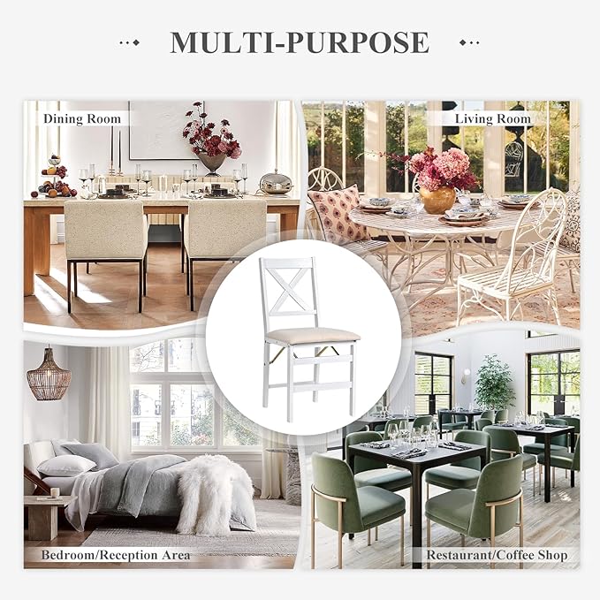 COLAMY Folding Dining Chairs Set of 2 – White Wooden Dining Room Chairs for Small Spaces, Pre-Assembled, Space Saving Kitchen & Dining Room Furniture, Indoor Outdoor Use