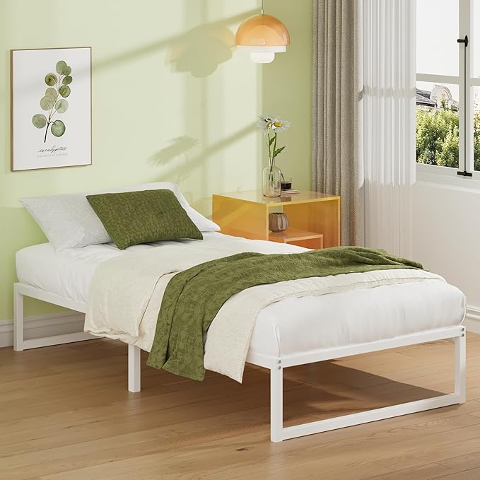 EMODA 12 Inch Twin XL Bed Frame, Metal Platform White Bed Frame No Box Spring Needed, Heavy Duty Steel Slats Support, Easy Assembly, Noise Free
