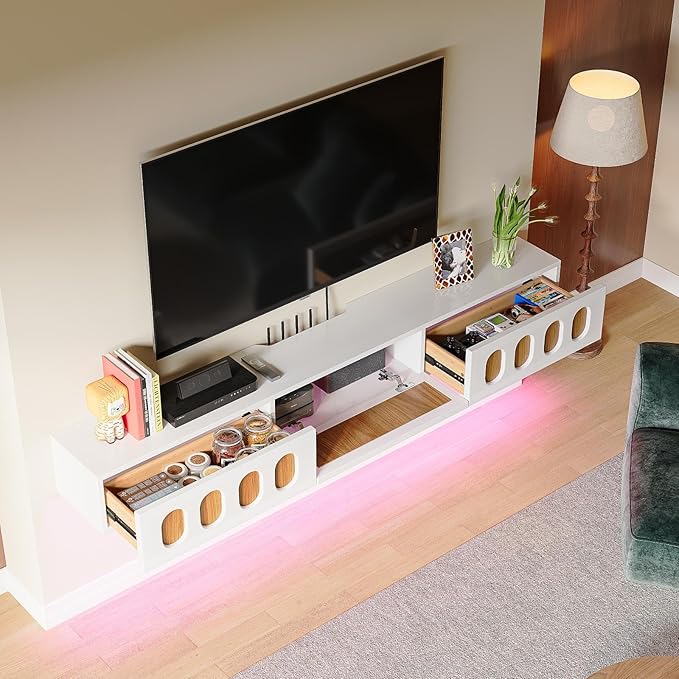 Floaticase Floating TV Stand, 86IN Fully Assembled High Gloss Wall Mounted Entertainment Center with Flip-Down Doors & Drawers, TV Console Under TV Shelf for Bedroom Livingroom