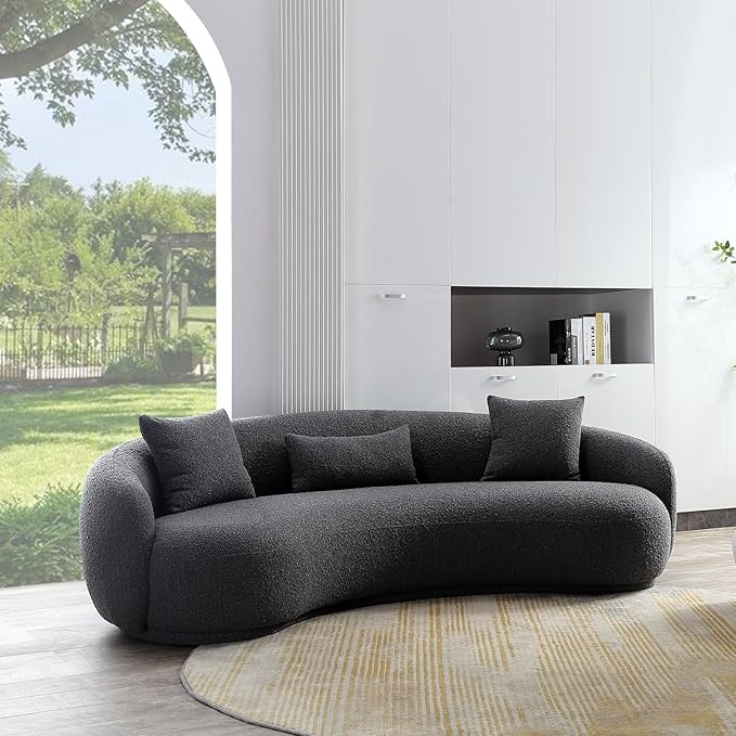 Acanva Mid Century Modern Curved Living Room Sofa, 4-Seat Boucle Fabric Couch for Bedroom, Office, Apartment, Grey