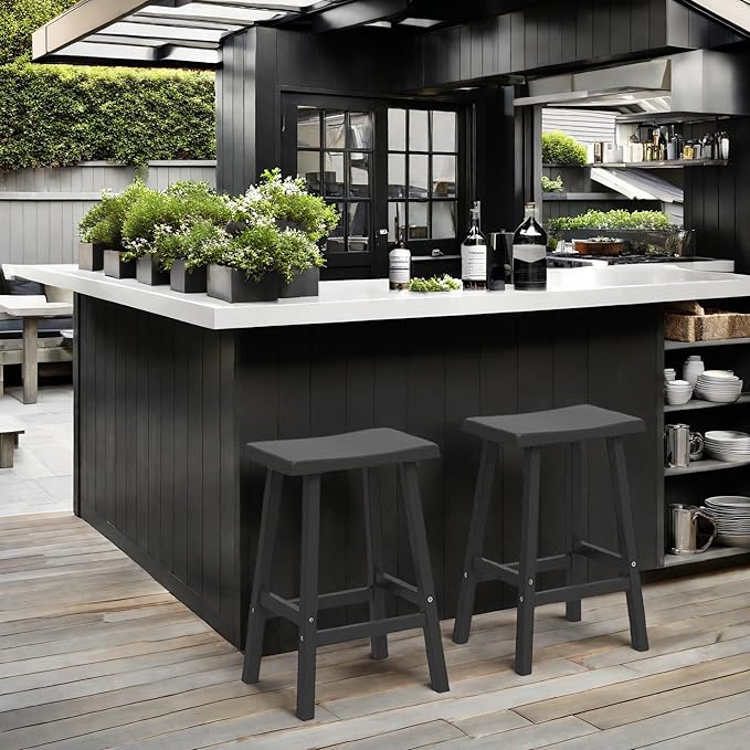 24" H Bar Stools Set of 2 - Classic Saddle Seat with Footrest, Resin Kitchen Counter Stool, Anti-Slip & Waterproof - Tall Barstools for Bar, Kitchen, Dining Room, Lounge - Black