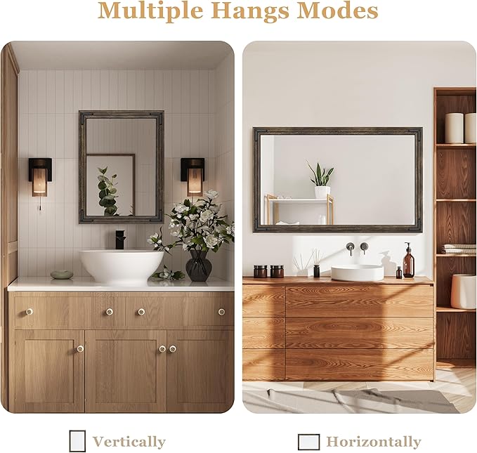 YOSHOOT Farmhouse Bathroom Mirror, Rustic Wood Mirror, Wooden Framed Vanity Mirror, Solid Wood & Handmade, Vertical or Horizontal Hanging for Bathroom Entryway Living Room Bedroom, 40" x 30", Brown
