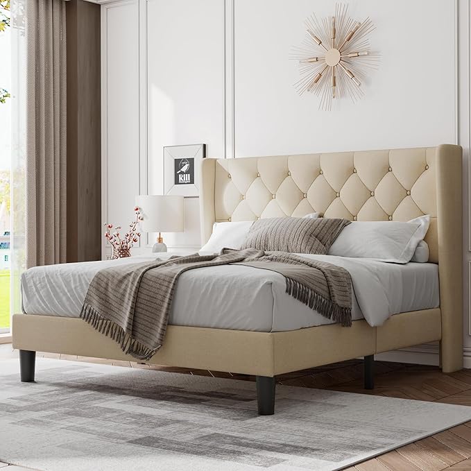 Feonase Full Size Bed Frame with Upholstered Wingback Headboard, Platform Bed and Heavy Duty Wooden Slats Support, Easy Assembly, Noise-Free, No Box Spring Needed, Beige