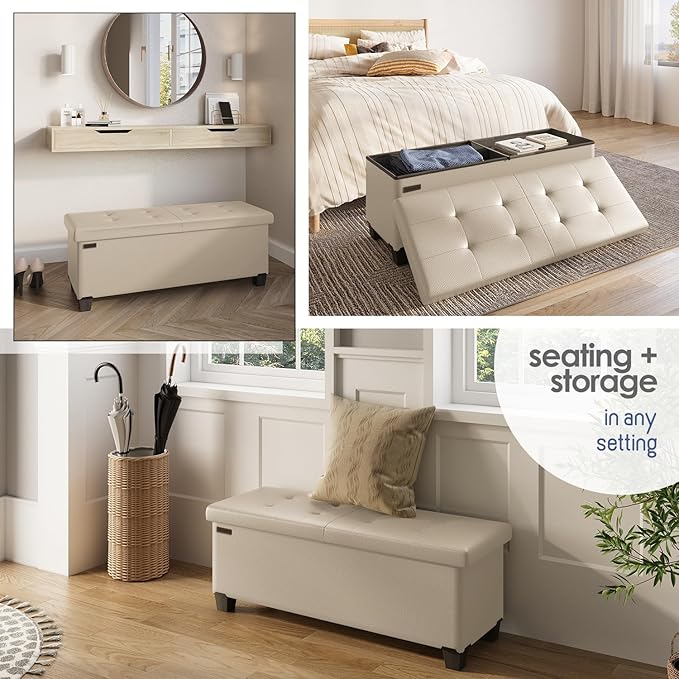 STORAGEBUD Storage Ottoman Bench with Bins, 43-in Storage Bench for Bedroom End of Bed, Folding Foot Rest Ottoman for Living Room Max 660lbs, Faux Leather Ottomans, Beige