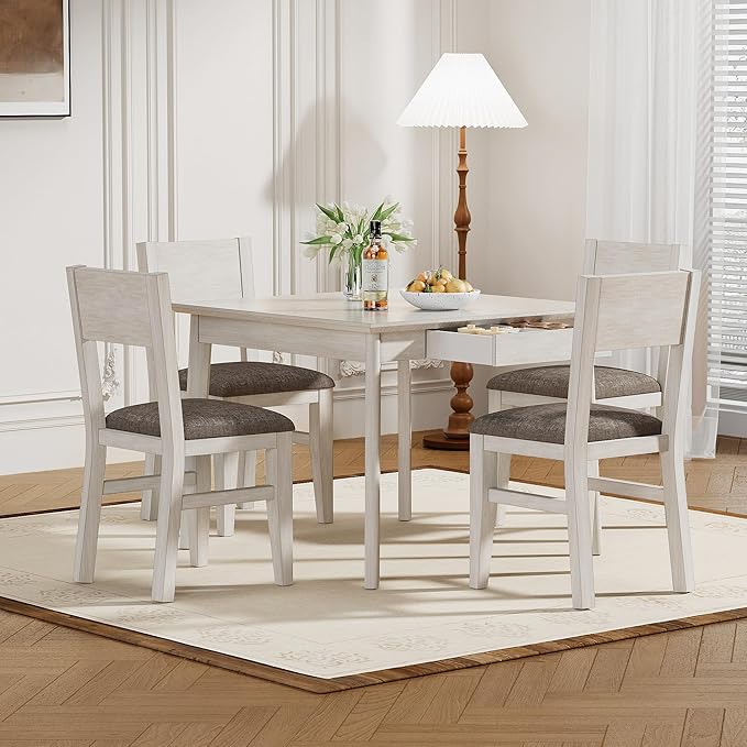 5-Piece Square Dining Table Set for 4, 38.2'' Solid Wood Kitchen Table with 4 Upholstered Chairs & 2 Drawers for Dining Room, Kitchen, Small Space, Washed Gray