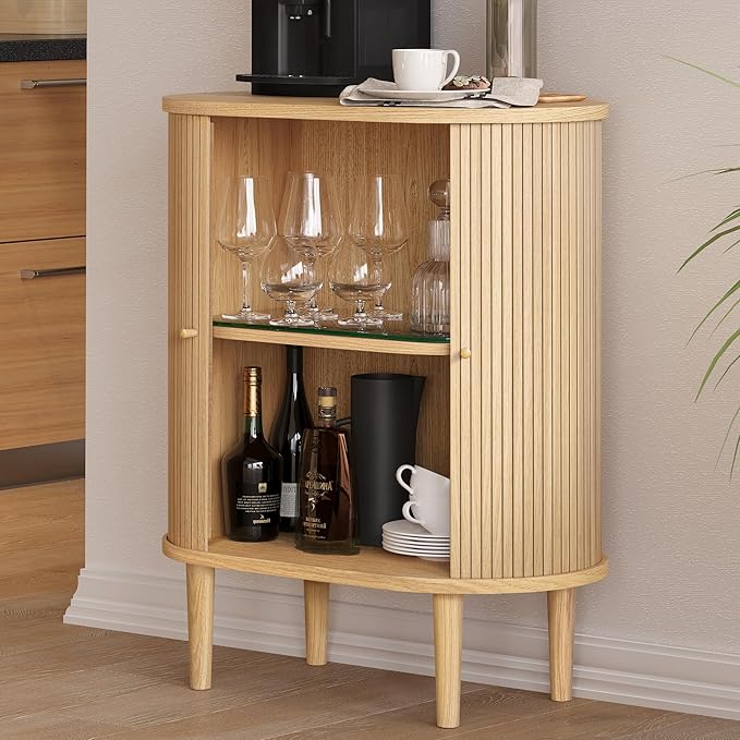 WERMO 28'' Bar Cabinet with Storage and Shelves - Coffee and Wine Bar Buffet Cabinet with Storage, Small Liquor Dining Room Sideboard, Narrow Living Room Credenza, Coffee Station Buffet Table (Oak)