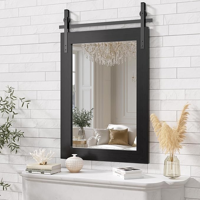 Hasipu Farmhouse Bathroom Mirror, 24"x36" Rustic Wood Framed Wall Mounted Mirror, Black Vintage Vanity Mirror Barn Door Style Decrative Mirrors