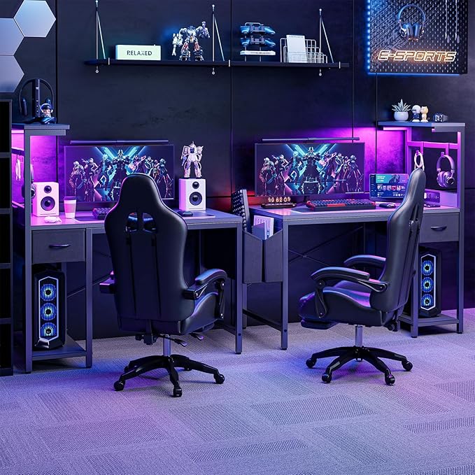 Gaming Desk 40 Inch with Power Outlet and LED Light, Computer Desk with Reversible Shelves and Storage Drawer, Pc Workstation for Home Office with Bag, Carbon Fiber Grey