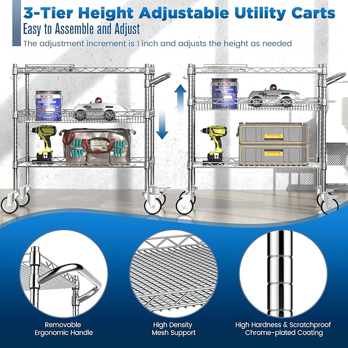Leteuke Heavy Duty 3 Tier Rolling Utility Cart,NSF Certified 990Lbs Capacity Rolling Carts with Wheels,Commercial Grade Metal Cart with Handle Bar & Shelf Liner,Trolley Serving Cart for Kitchen,Chrome