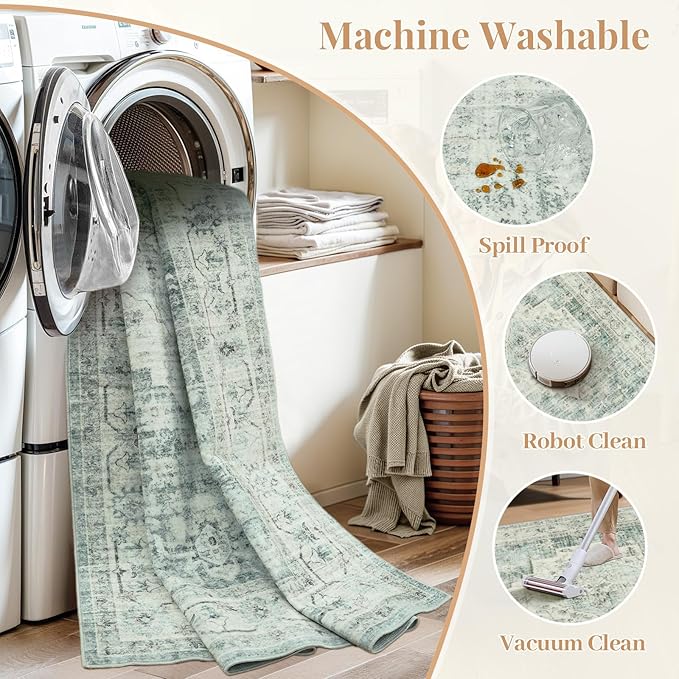 LIVEBOX Entryway Rug 3x5 Washable Area Rugs for Kitchen Bathroom, Non-Slip Front Door Mat for Bedroom, Boho Low-Pile Carpet Farmhouse Throw Indoor Mats for Bath Laundry Room, Sage Green