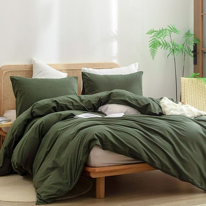 BESTOUCH Duvet Cover Set 100% Washed Cotton Linen Feel Super Soft Comfortable Chic Lightweight 3 PCs Home Bedding Set Solid Olive Green Super Queen