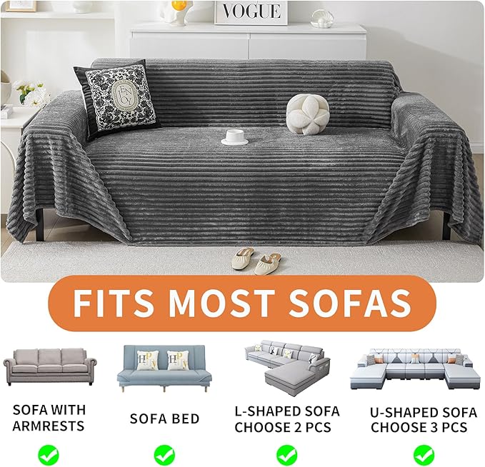 HAOMAIJIA Faux Fur Sofa Covers Couch Covers for 3 Cushion Couch Sofa Pet Friendly Soft Non Slip Couch Cover for Dogs Washable Sectional Couch Covers L Shape Furniture Protector (Grey, 91"x150")