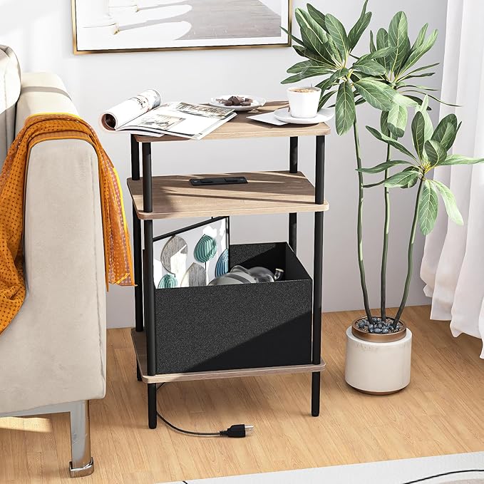 Small Side Table with Charging Station, Set of 2 End Table for Small Spaces, Slim Nightstand with Outlet,Sofa Beside Table, 3-Tier Storage Shelf,Living Room, Bed Room, Natrual Walnut