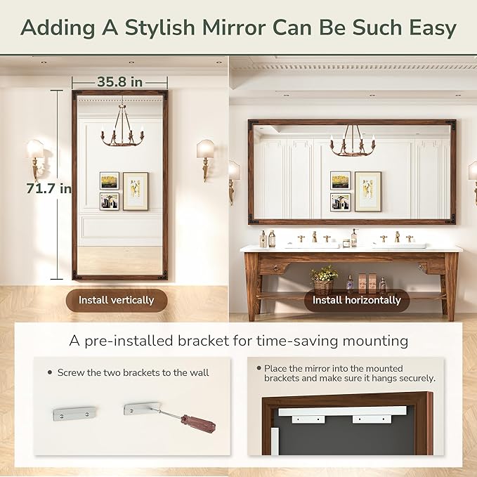 TokeShimi 72 x 36 Inch Wood Framed Bathroom Mirror for Over Sink, Dark Brown Walnut Wall Wood Vintage Farmhouse Mirror for Wall, Large Rustic Wooden Framed Vanity Mirrors(Horizontally or Vertically)