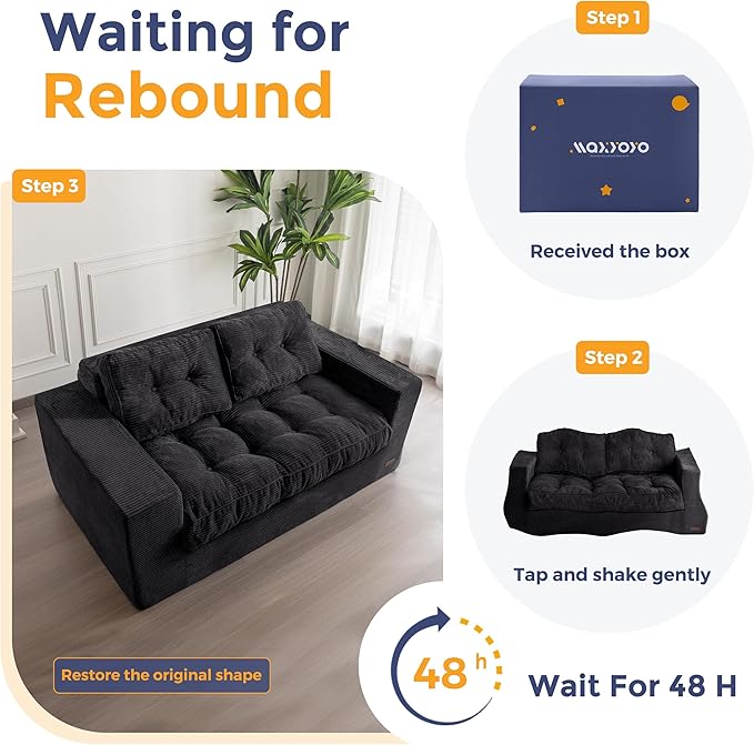 MAXYOYO Bean Bag Chair for Adults, Upholstered Floor Sofa with Armrests, Loveseat Boneless Couch with Tufted Cushion & Backrest, Sofa in A Box, Large Bean Bag Couch for Bedroom Living Room, Black