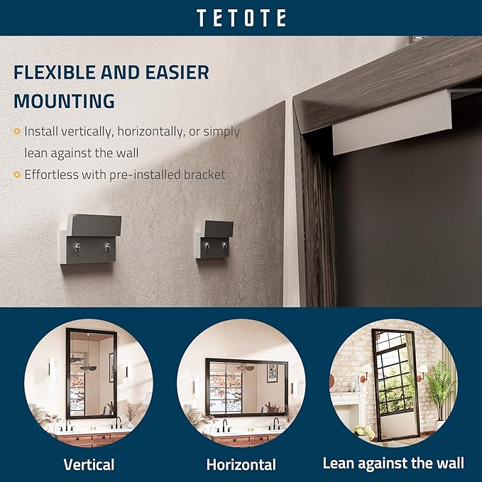 TETOTE 55 x 36 Black Wood Mirror for Bathroom Wall/Bedroom/Living Room/Entryway Farmhouse Rustic Bathroom Vanity Mirror for Over Sink Waterproof (Horizontal/Vertical Mounted)