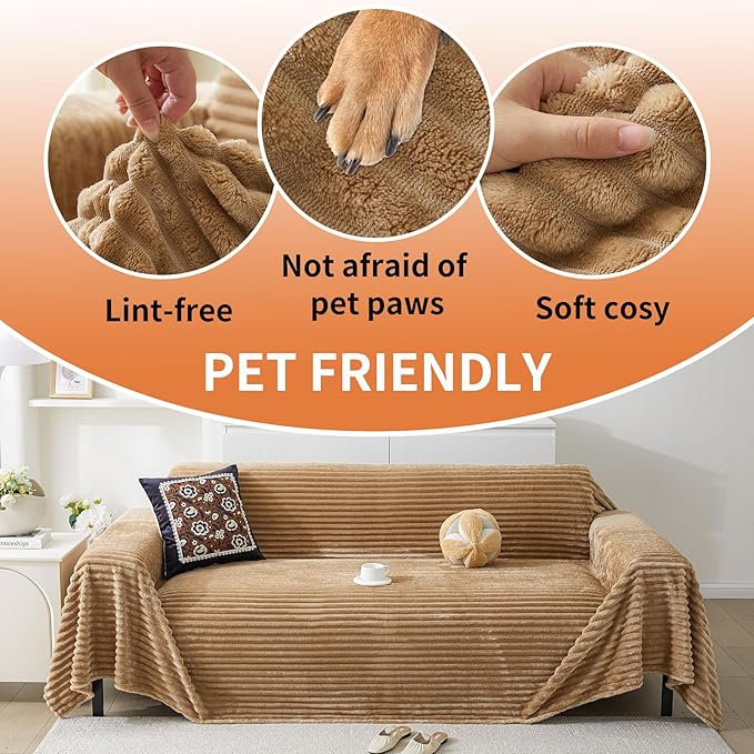 HAOMAIJIA Faux Fur Sofa Covers Couch Covers for 3 Cushion Couch Sofa Pet Friendly Soft Non Slip Couch Cover for Dogs Washable Sectional Couch Covers L Shape Furniture Protector (Khaki, 71"x134")