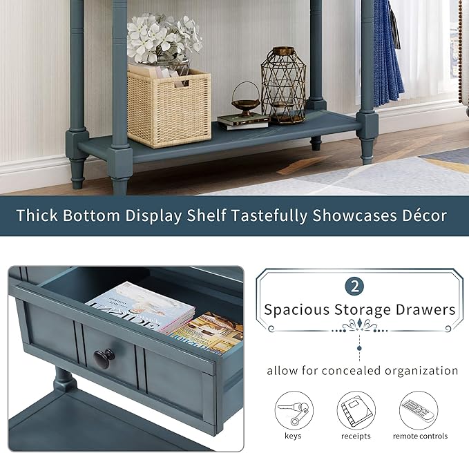 Bellemave Console Table with Drawers, Retro Entryway Table with 2 Drawers and Open Storage Shelf, Narrow Long Sofa Table, Behind Couch Table for Living Room, Foyer and Hallway,Navy