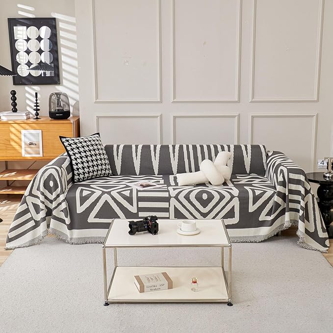 HANDONTIME Reversible Sofa Cover Boho Geometric Couch Cover for Dogs Dark Grey Couches Covers Washable Chenille Couch Covers for 3 Cushion Couch Pet Friendly Furniture Protector for Pets, 71" X134"