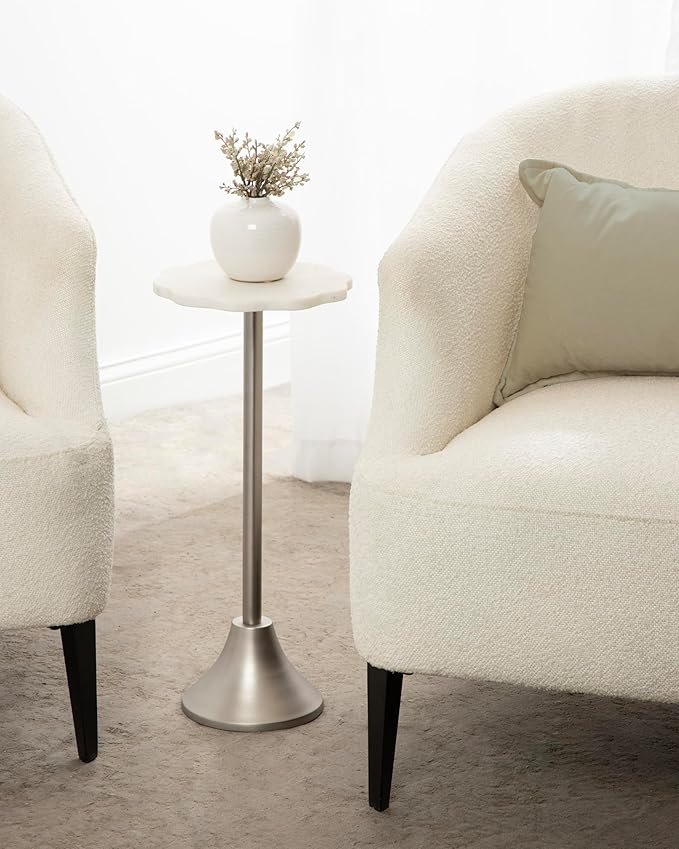 Kate and Laurel Sanzo Modern Pedestal Drink Table, 10 x 10 x 23, White Marble and Silver, Decorative End Table with Scalloped Marble Tabletop for Use as Small Plant Stand or Cute Martini Table