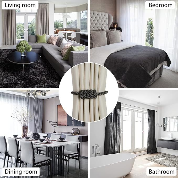BEL AVENIR Magnetic Curtain Tiebacks, Decorative Drapery Holdbacks Modern Woven Tie-Backs with Exquisite Knot (Charcoal, 2 Pack)