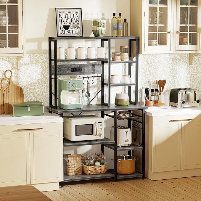 SUPERJARE Large Bakers Rack with Power Outlets, 6-Tier Microwave Stand, Coffee Bar with 12 S-Shaped Hooks, Kitchen Shelf with Wire Basket, 39.3 x 15.5 x 66.9 Inches, Charcoal Gray