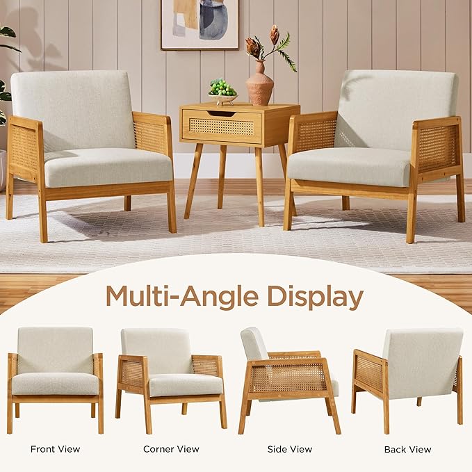 Yaheetech Accent Chair, Modern Armchair with Wood Legs, Mid Century Living Room Chair Linen Comfy Lounge Chair for Bedroom Reading Room, Set of 2, Beige