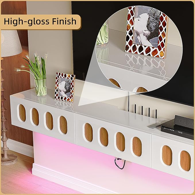 Floaticase Floating TV Stand, 86IN Fully Assembled High Gloss Wall Mounted Entertainment Center with Flip-Down Doors & Drawers, TV Console Under TV Shelf for Bedroom Livingroom