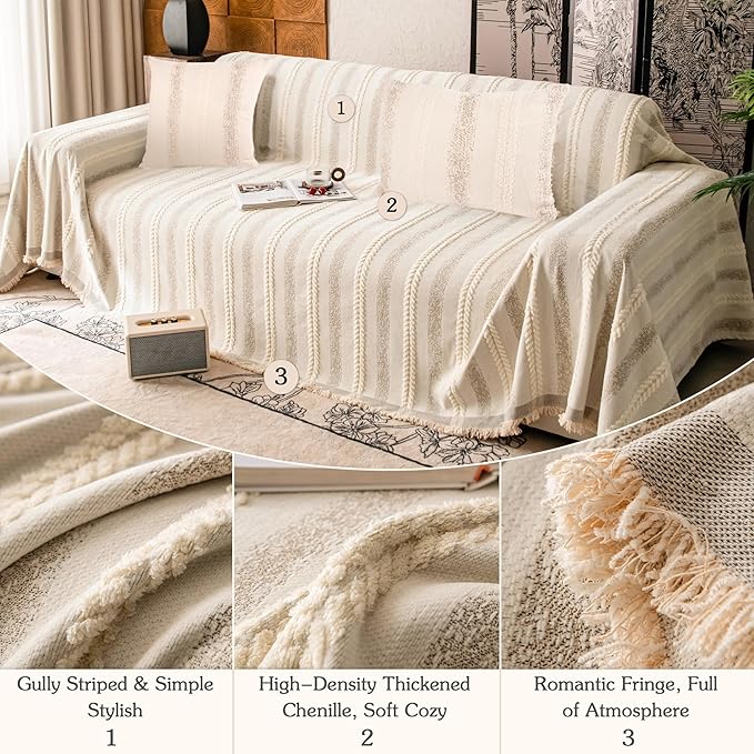 Couch Cover for Dogs Washable Sofa Cover, Sectional Couch Covers, Sofa Covers for 2 Cushion Couch, Non Slip Stripe Sofa Slipcovers Furniture Protector, Couch Protector from Cat Claws, Beige,75''x118''