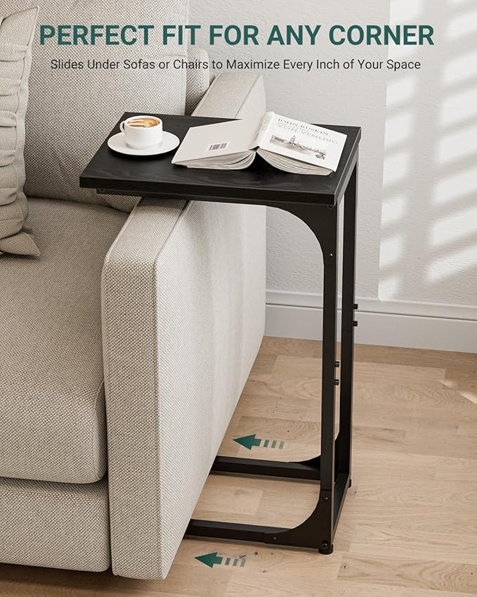 C-Shaped Side Table for Couch - Small Coffee Stand Sofa Tray Desk with Metal Frame and Waterproof Scratch Resistant, Modern End Accent for Living Room, Bedroom, Set of 2, Black