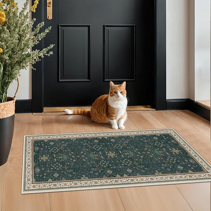 Dark Green Oushak 2x4 Entryway Rug - Modern Vintage Boho Eclectic Floral Pastel, Washable Low Pile Non-Slip Small Throw Area Rugs for Door Mat Indoor Entrance, Kitchen, Bathroom, Bedroom, Laundry