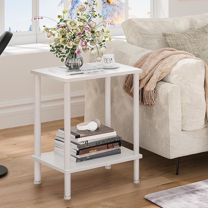 End Table,Small Side Table,2-Tier Nightstand with Storage Shelf,Sofa Bedside Table for Small Spaces in Living Room,Bedroom, Office,Stable Frame,Easy Assembly,White