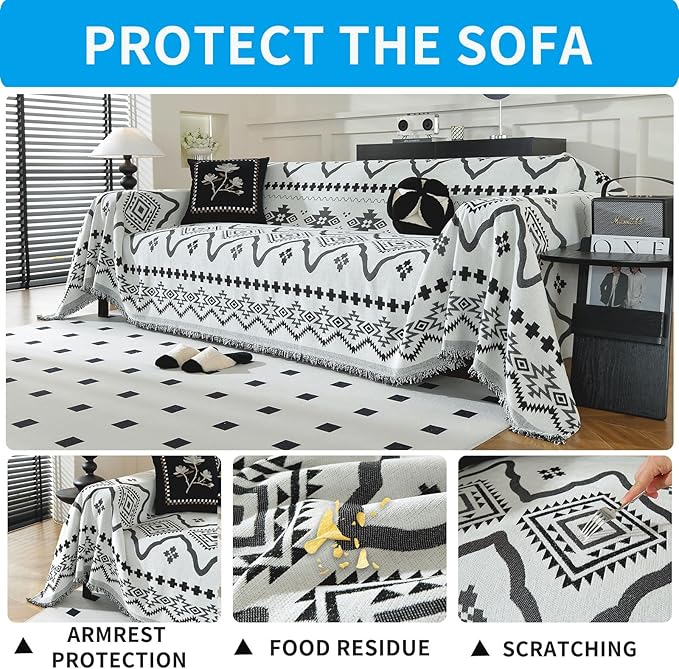 LUFEIJIASHI Boho Couch Covers for Sofa Non Slip Sofa Covers Washable Couch Covers for 3 Cushion Couch Sofa Pet Friendly Sectional Couch Cover Blanket Furniture Protector for Dogs (Black, 71"x150")