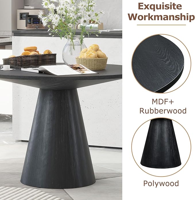 Wooden Kitchen Round Dining Table for 4-6, Round Kitchen Table with Circular Tabletop with Wood Pedestal Base, Rustic Farmhouse Furniture