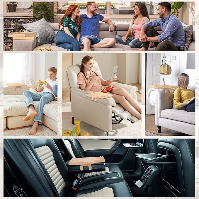 Bamboo Couch Arm Table with Remote Control Tray & Rotating Phone Holder,Non-Slip Clip Fits Sctional Sofa and Pillow,Foldable Armrest Tray Table for Couch,Durable Sofa Arm Table for Drinks and Dining