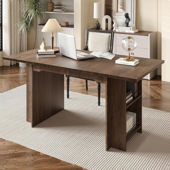 Garvee 63 Inch Dining Table for 2-4, Farmhouse Rectangular Kitchen Table with Waterproof Wood Tabletop, Heavy Duty Legs & 2-Tier Storage Shelves for Kitchen, Dining Room, Walnut