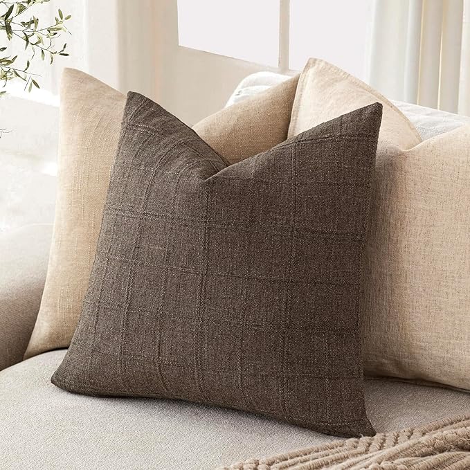Foindtower Set of 2 Decorative Linen Check Throw Pillow Covers Neutral Farmhouse Vintage Cushion Covers Modern Boho Home Decor for Sofa Chair Couch Bedroom Living Room Outdoor,26×26 Inch,Dark Brown